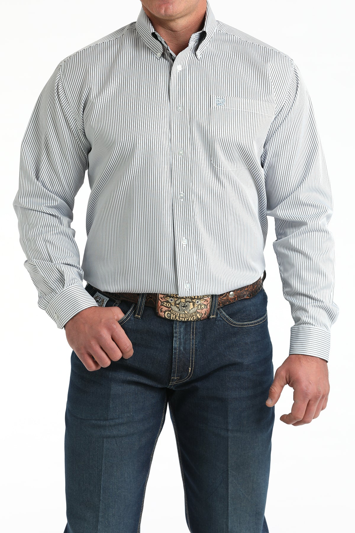 Cinch Men's Long Sleeve Western Shirt - White, Black and Blue Stripe