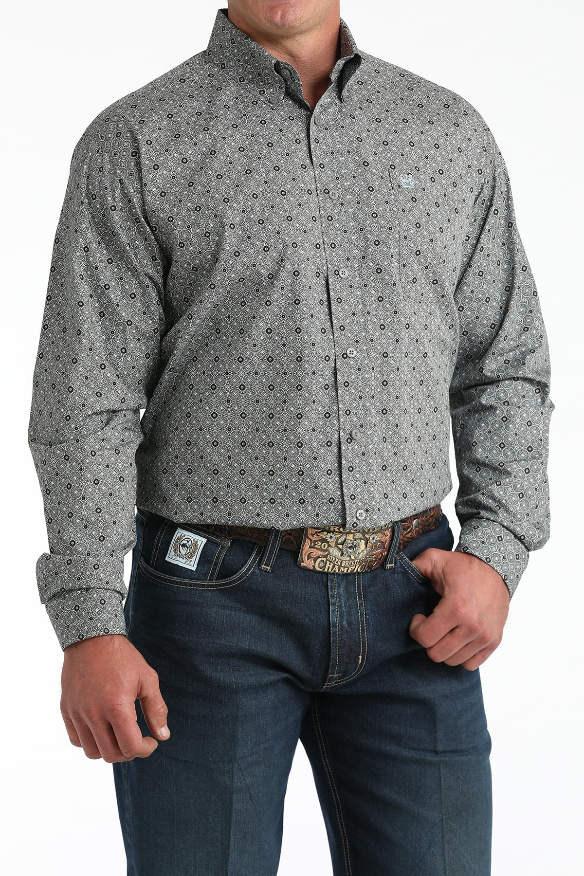 Cinch Men's Long Sleeve Western Shirt - Gray and Black Geometric Print