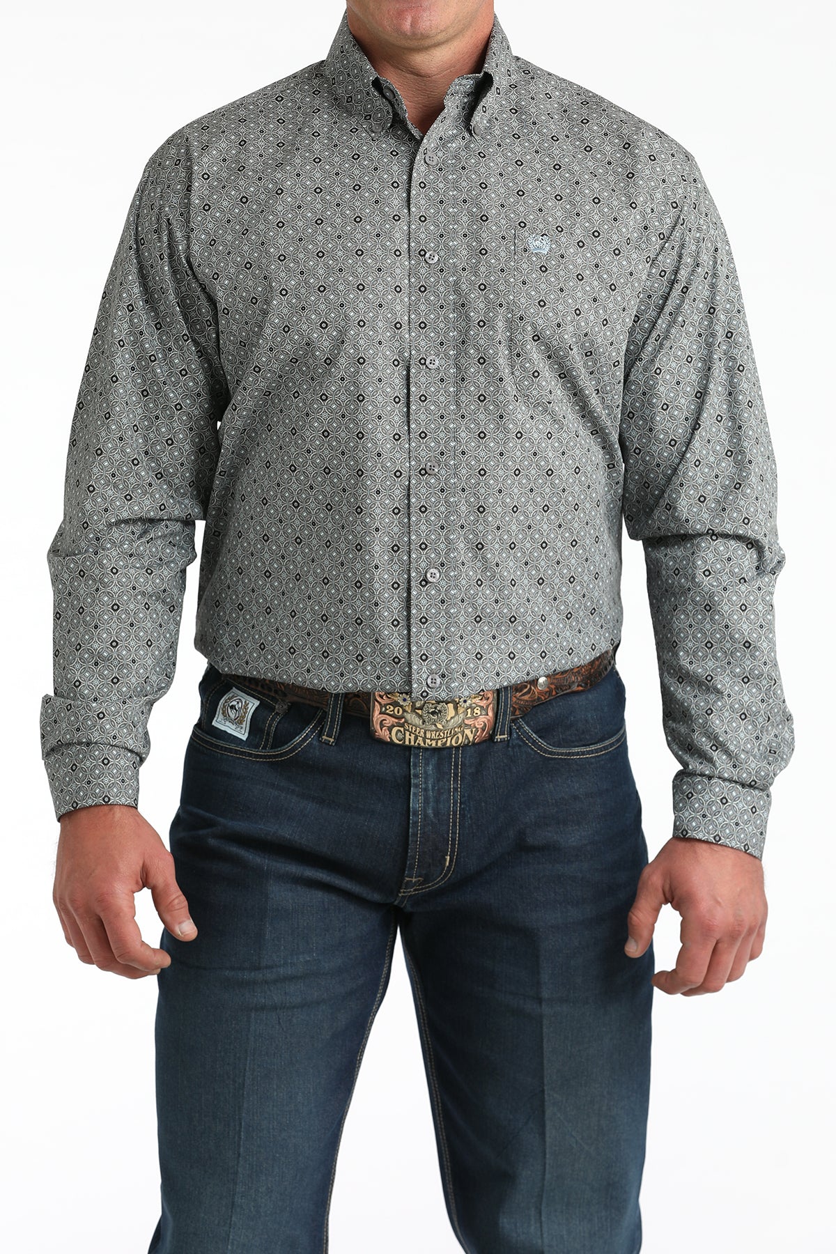 Cinch Men's Long Sleeve Western Shirt - Gray and Black Geometric Print