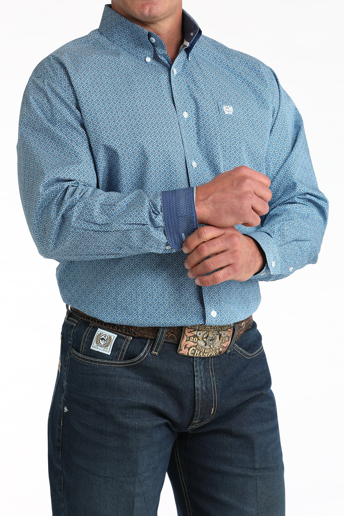 Cinch Men's Long Sleeve Western Shirt - Blue Geometric Print