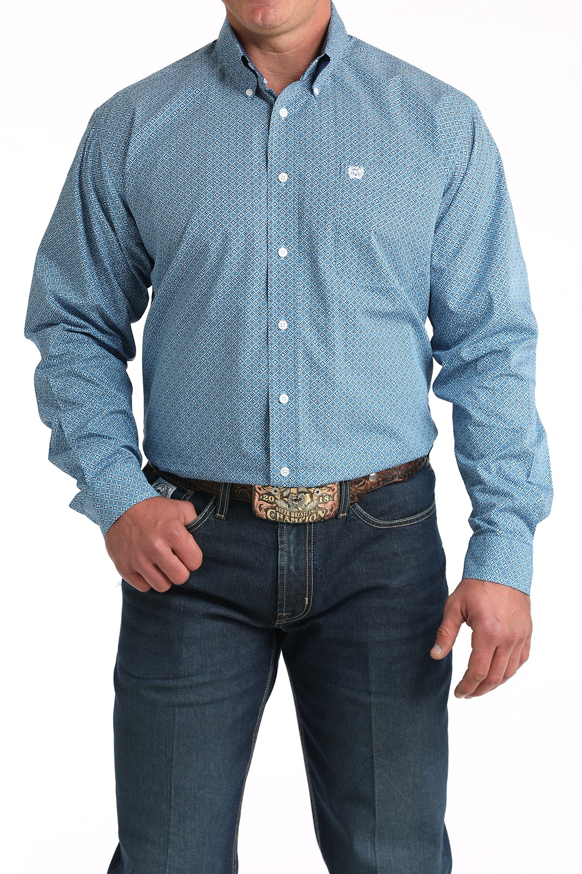 Cinch Men's Long Sleeve Western Shirt - Blue Geometric Print