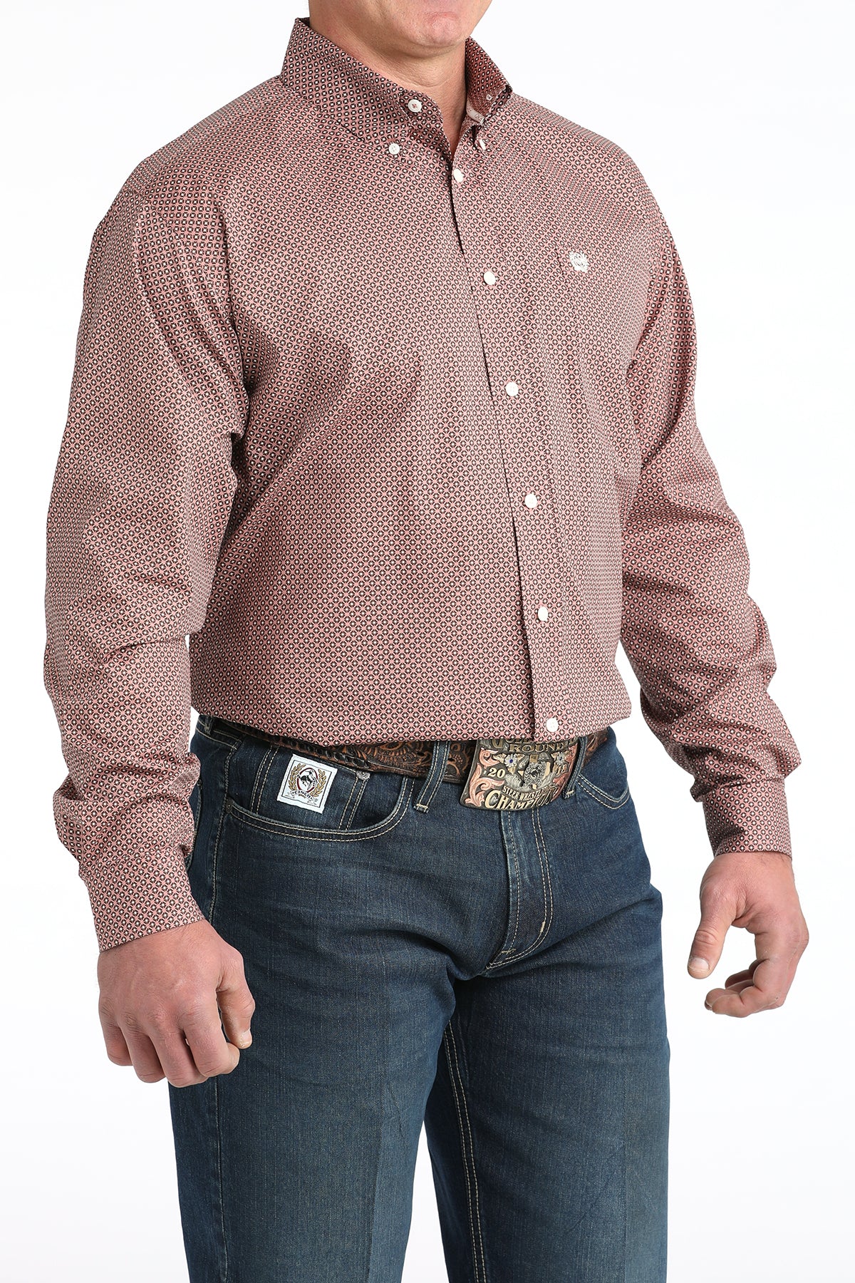Cinch Men's Long Sleeve Western Shirt - Pink and Burgundy Geometric Print
