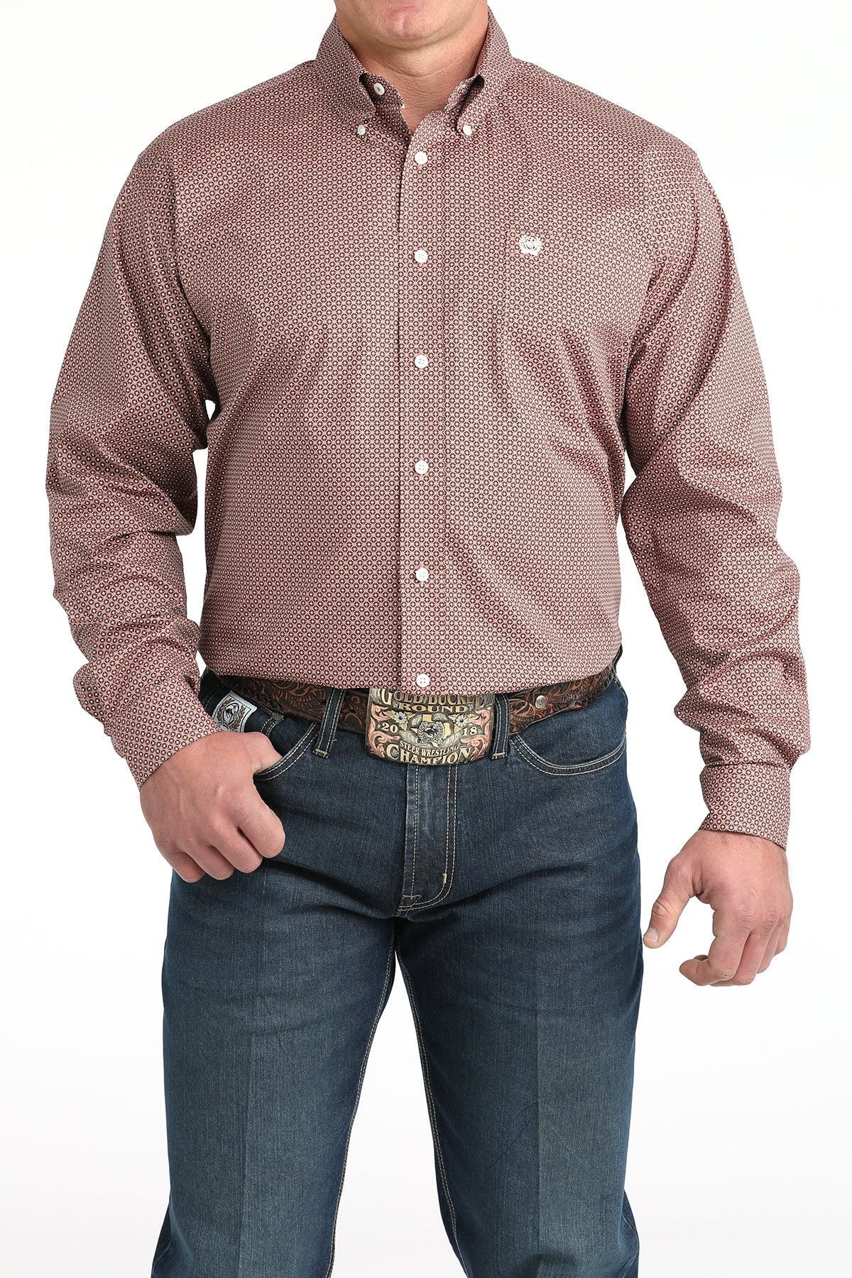 Cinch Men's Long Sleeve Western Shirt - Pink and Burgundy Geometric Print