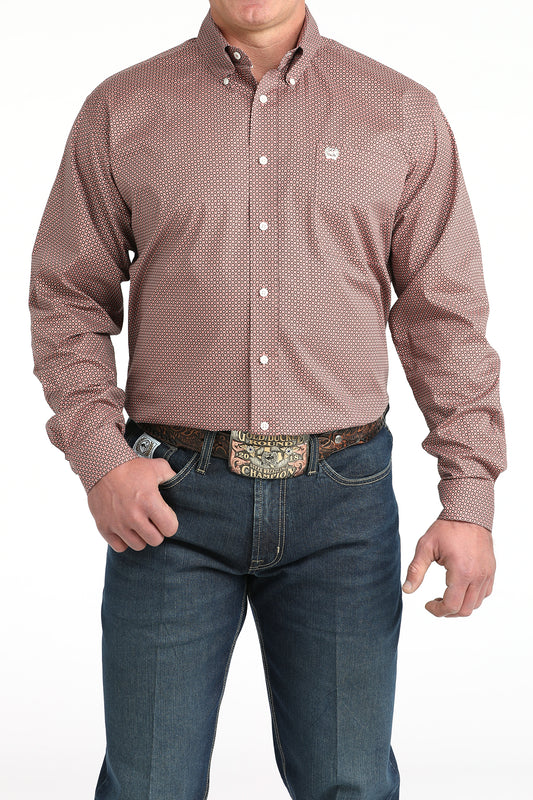 Cinch Men's Long Sleeve Western Shirt - Pink and Burgundy Geometric Print