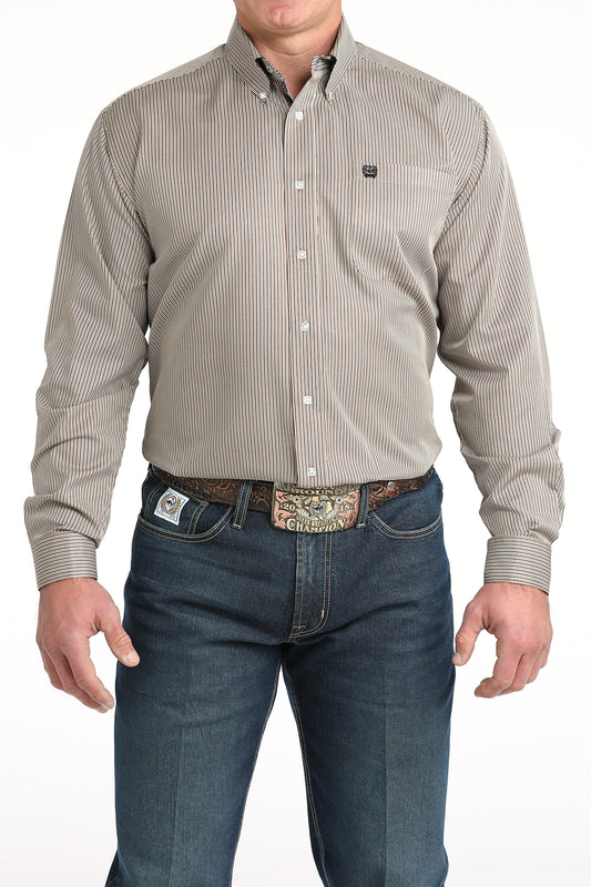 Cinch Men's Long Sleeve Western Shirt - Brown, Tan and White Stripe Print