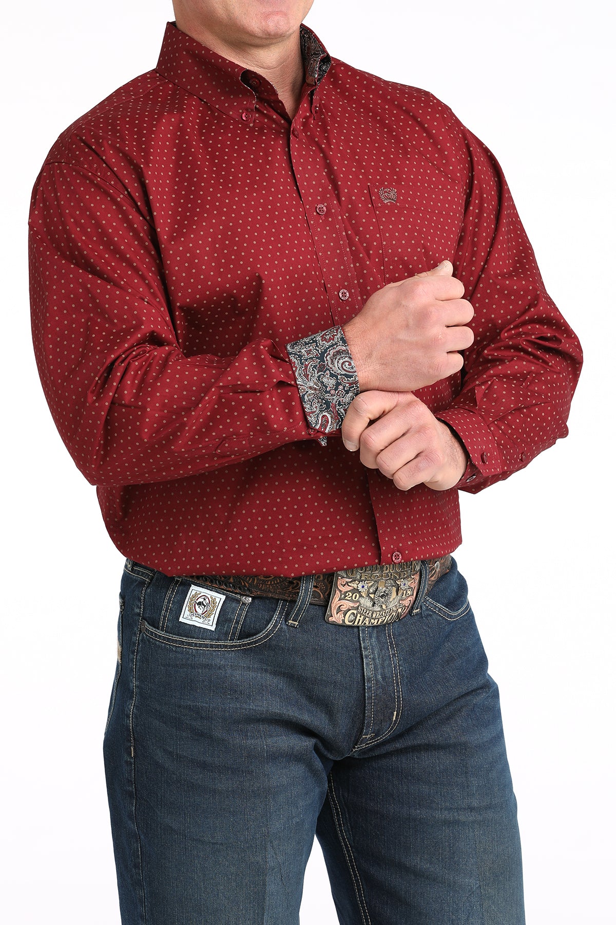 Cinch Men's Long Sleeve Western Shirt - Burgundy and Brown Dot Print