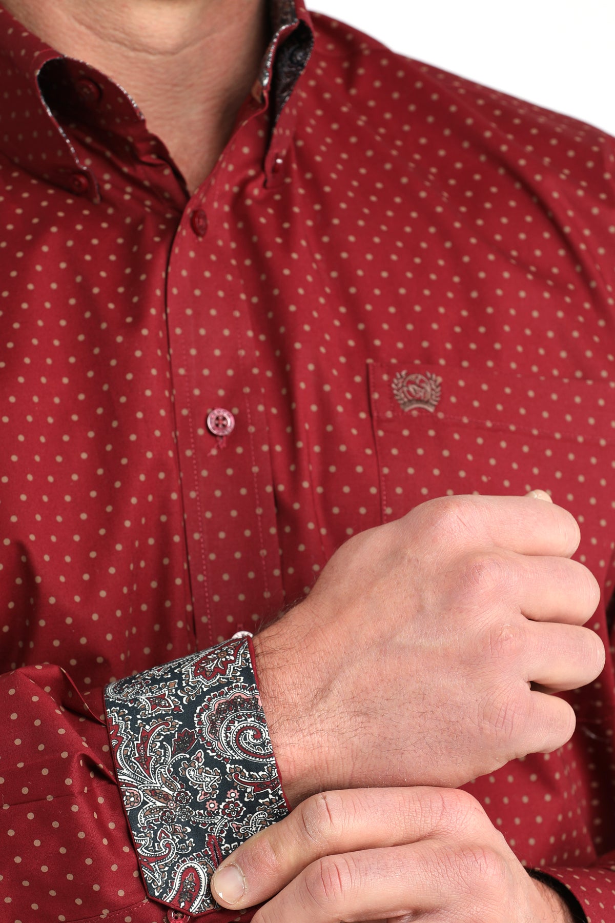 Cinch Men's Long Sleeve Western Shirt - Burgundy and Brown Dot Print
