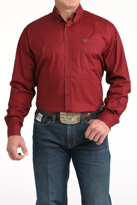 Cinch Men's Long Sleeve Western Shirt - Burgundy and Brown Dot Print