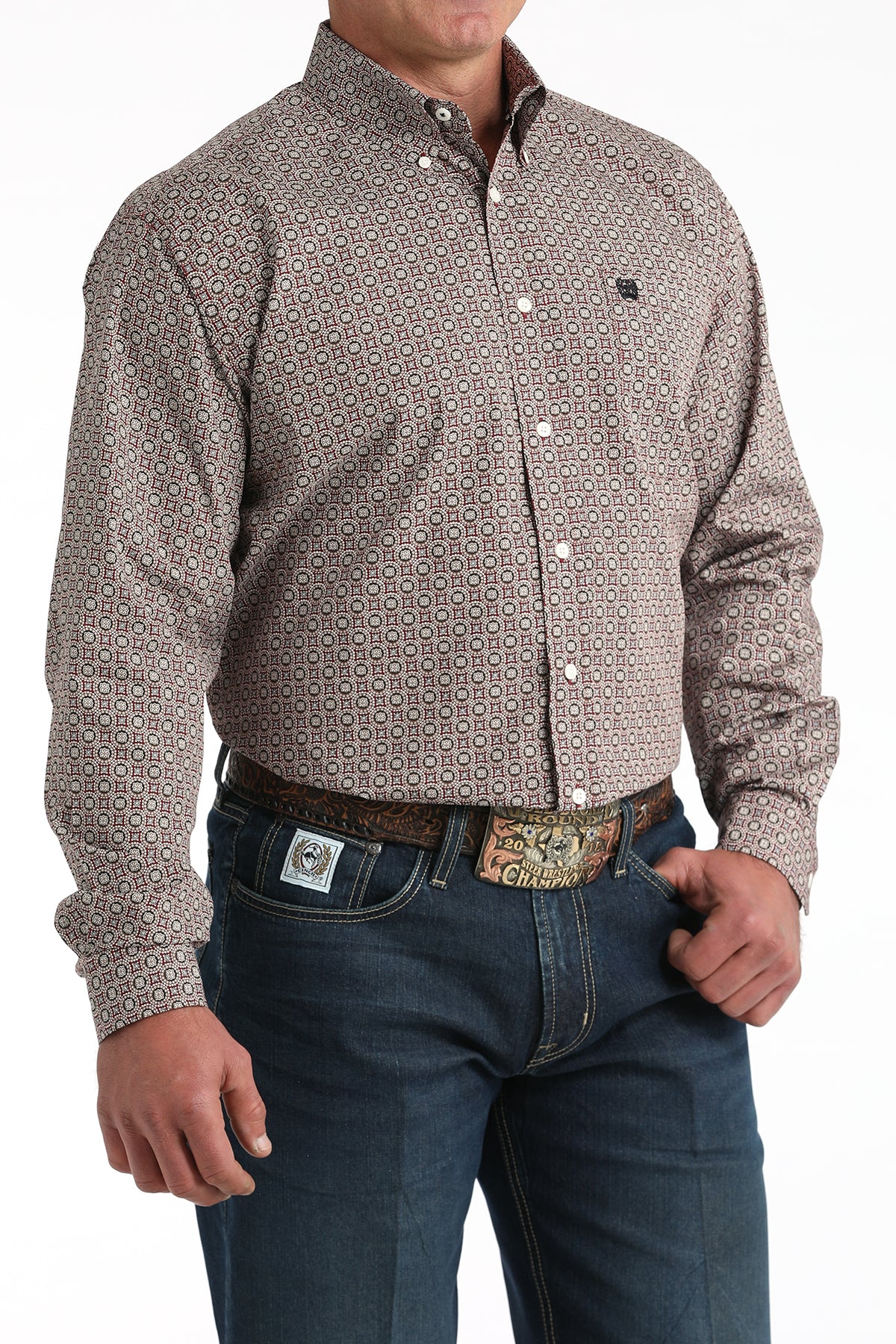 Cinch Men's Long Sleeve Western Shirt - Burgundy Geometric Print