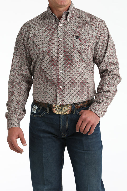 Cinch Men's Long Sleeve Western Shirt - Burgundy Geometric Print