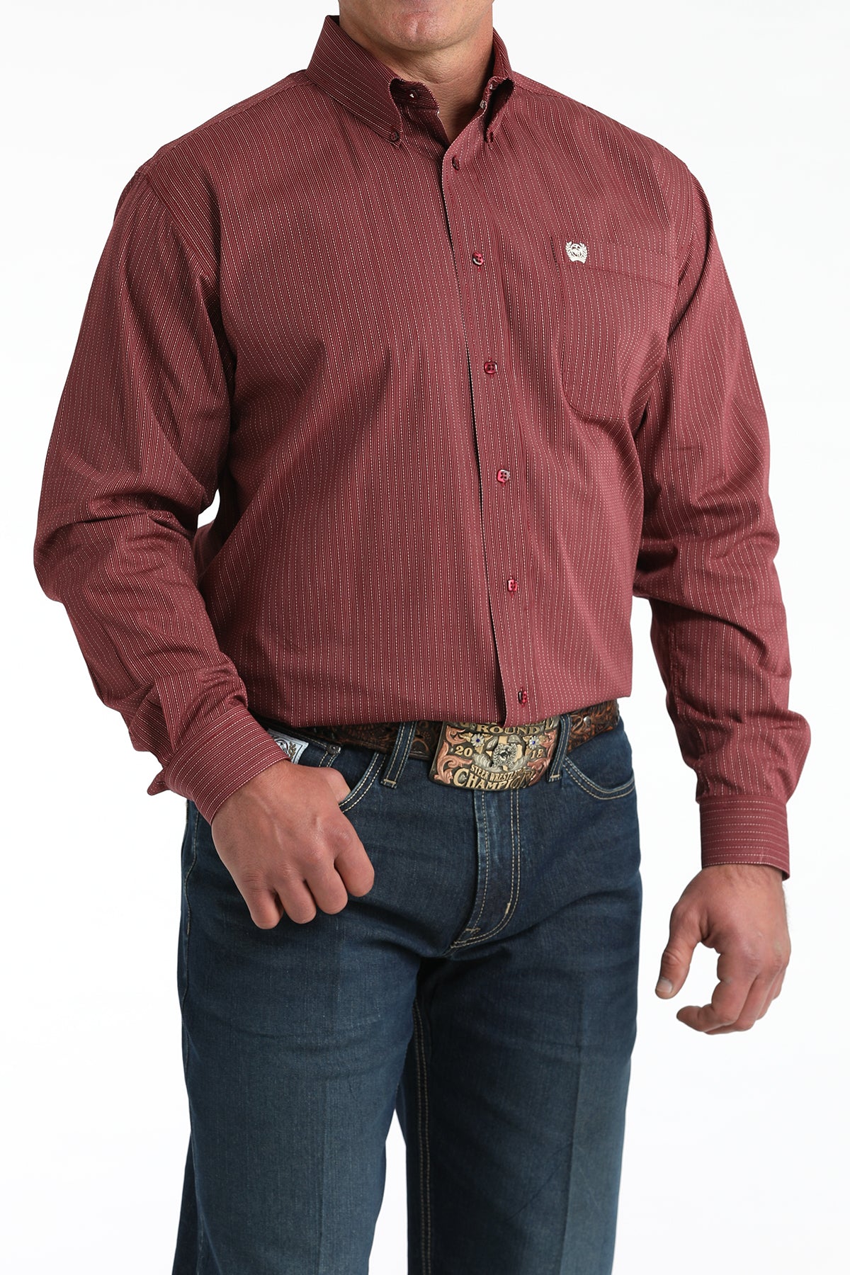 Cinch Men's Long Sleeve Western Shirt - Burgundy and Cream Stripe Print