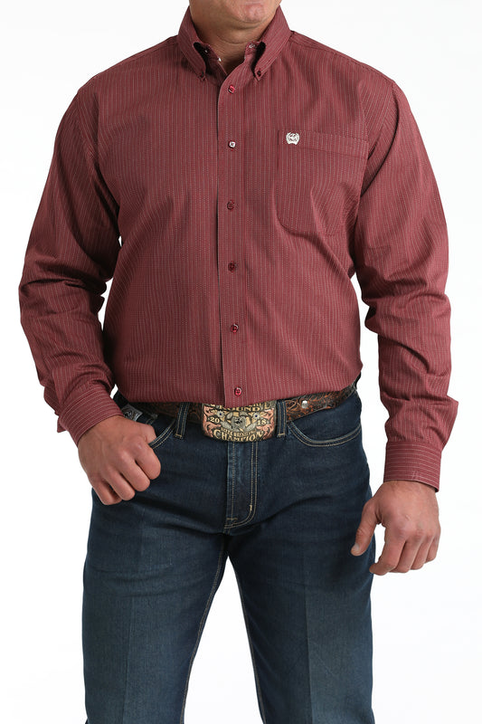 Cinch Men's Long Sleeve Western Shirt - Burgundy and Cream Stripe Print