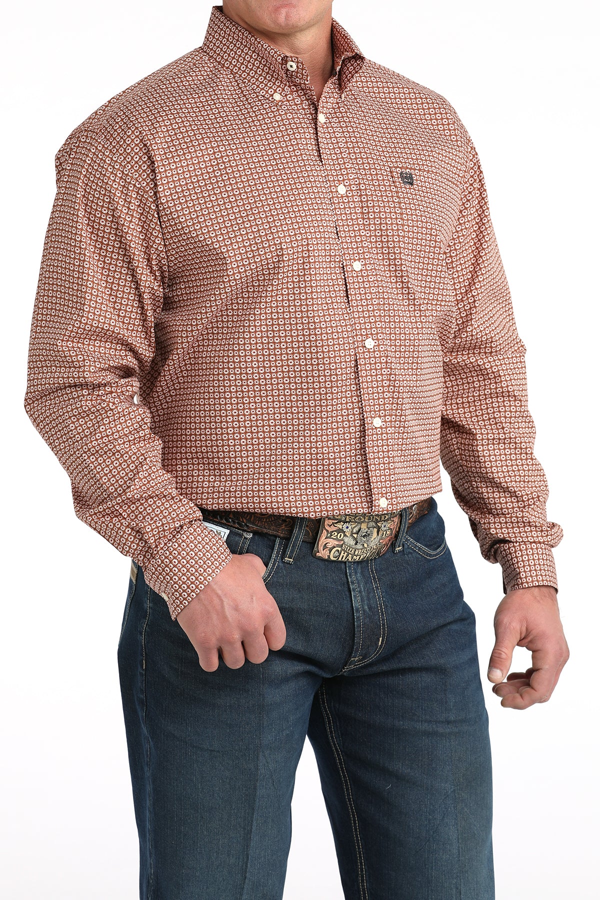 Cinch Men's Long Sleeve Western Shirt - Brown and White Floral Pattern