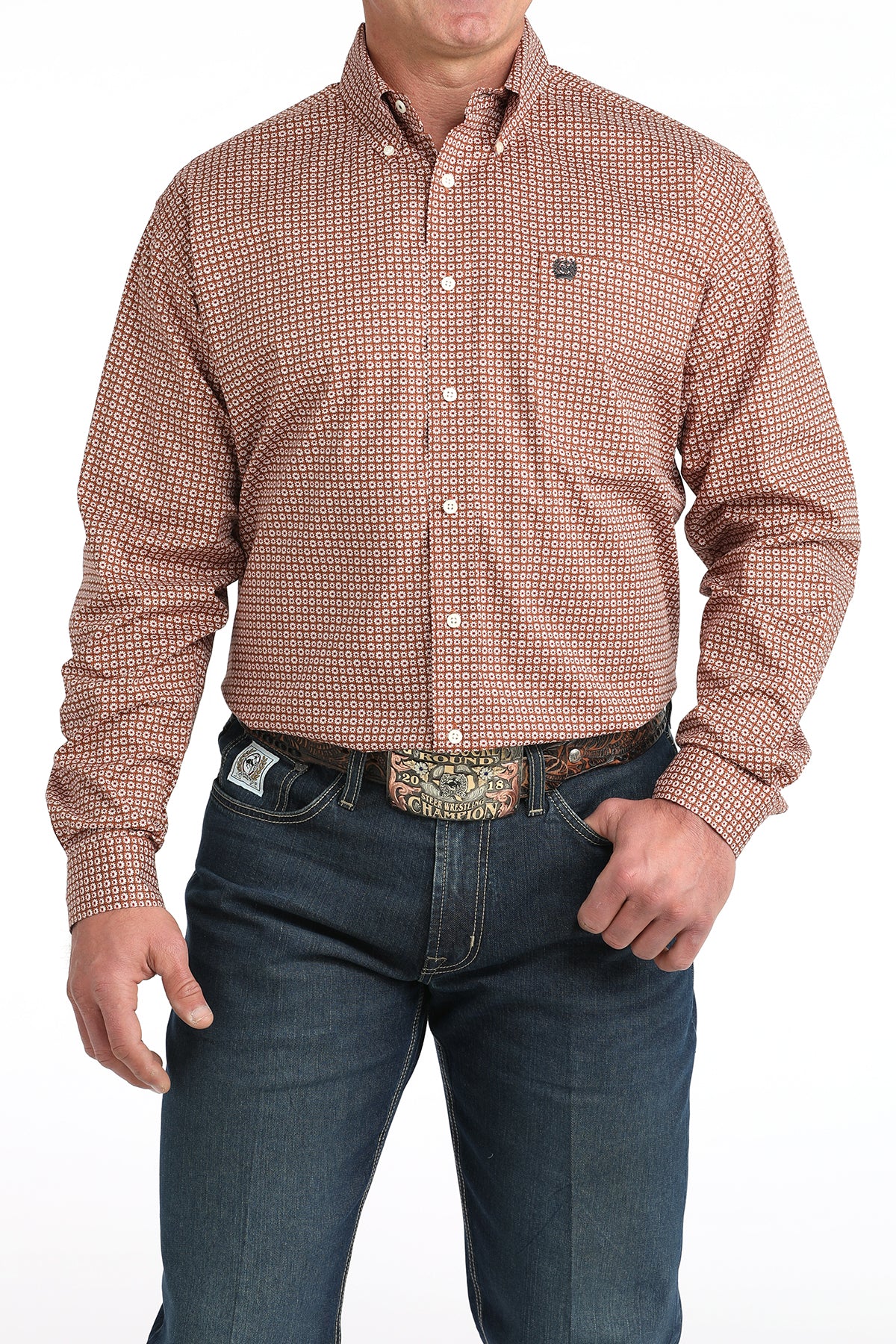 Cinch Men's Long Sleeve Western Shirt - Brown and White Floral Pattern