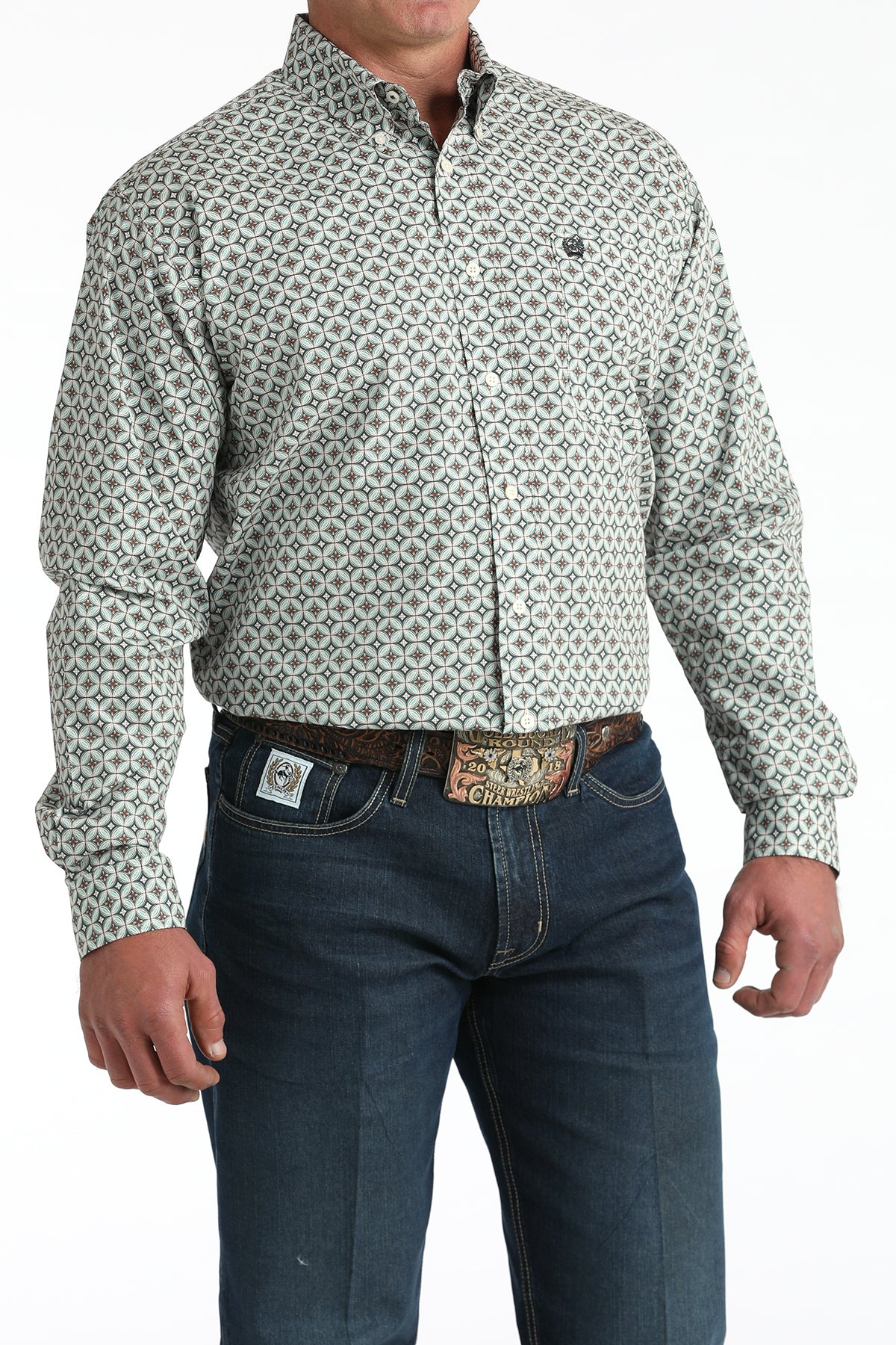 Cinch Men's Long Sleeve Western Shirt - Cream, Gray and Turquoise Geometric