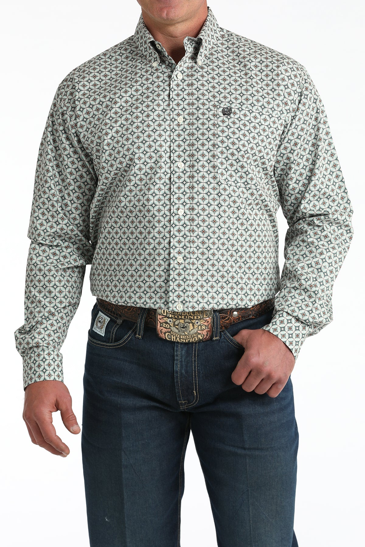 Cinch Men's Long Sleeve Western Shirt - Cream, Gray and Turquoise Geometric