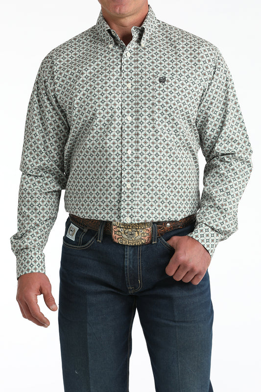 Cinch Men's Long Sleeve Western Shirt - Cream, Gray and Turquoise Geometric