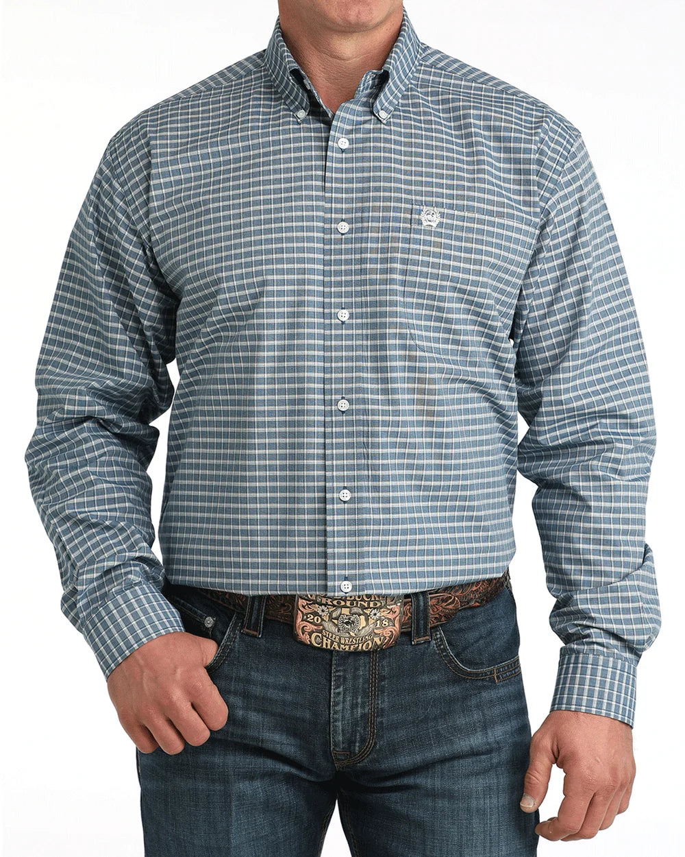 Cinch Men's Long Sleeve Classic Fit Button-Down Blue Plaid Western Shirt