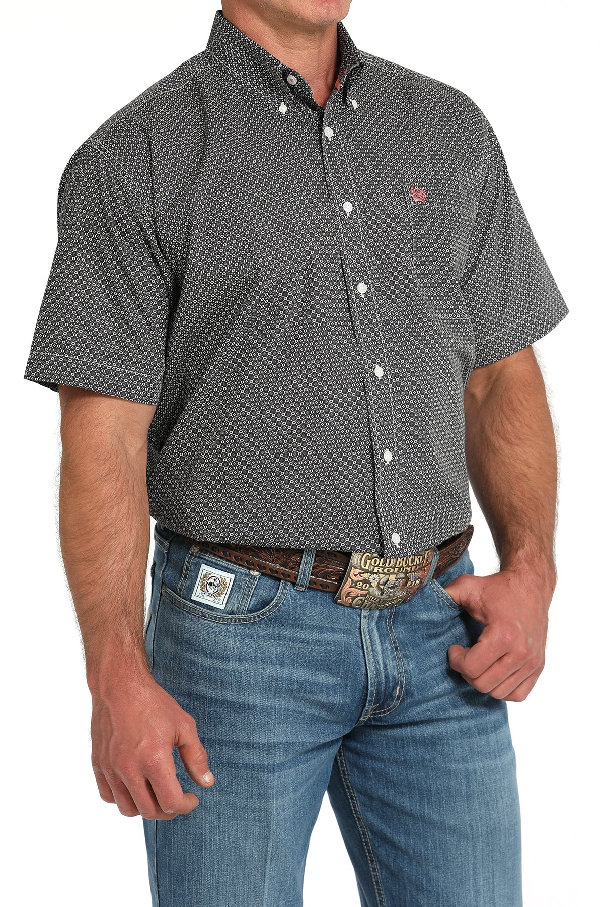 Cinch Men's Gray Geometric Print Button-Down Western Short Sleeve Shirt
