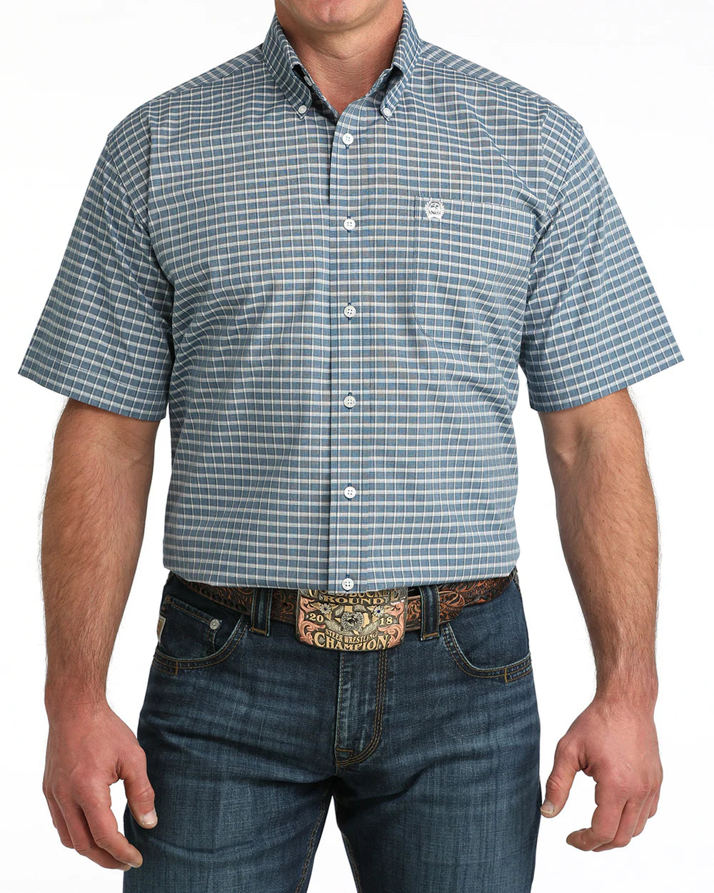 Cinch Men's Short Sleeve Classic Fit Button-Down Blue Plaid Western Shirt