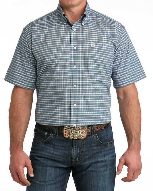 Cinch Men's Short Sleeve Classic Fit Button-Down Blue Plaid Western Shirt