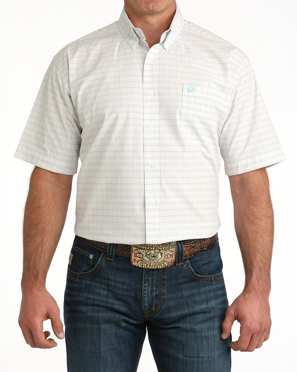 Cinch Men's Short Sleeve Classic Fit Button-Down White Plaid Western Shirt