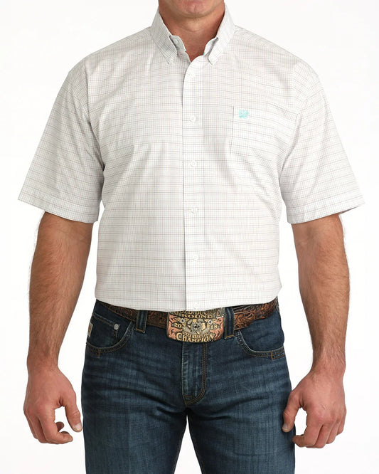 Cinch Men's Short Sleeve Classic Fit Button-Down White Plaid Western Shirt