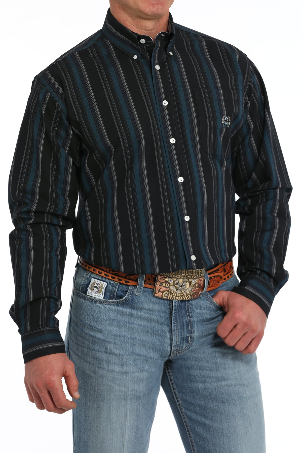 Cinch Men's Long Sleeve Oxford Black, Teal & White Stripe Shirt