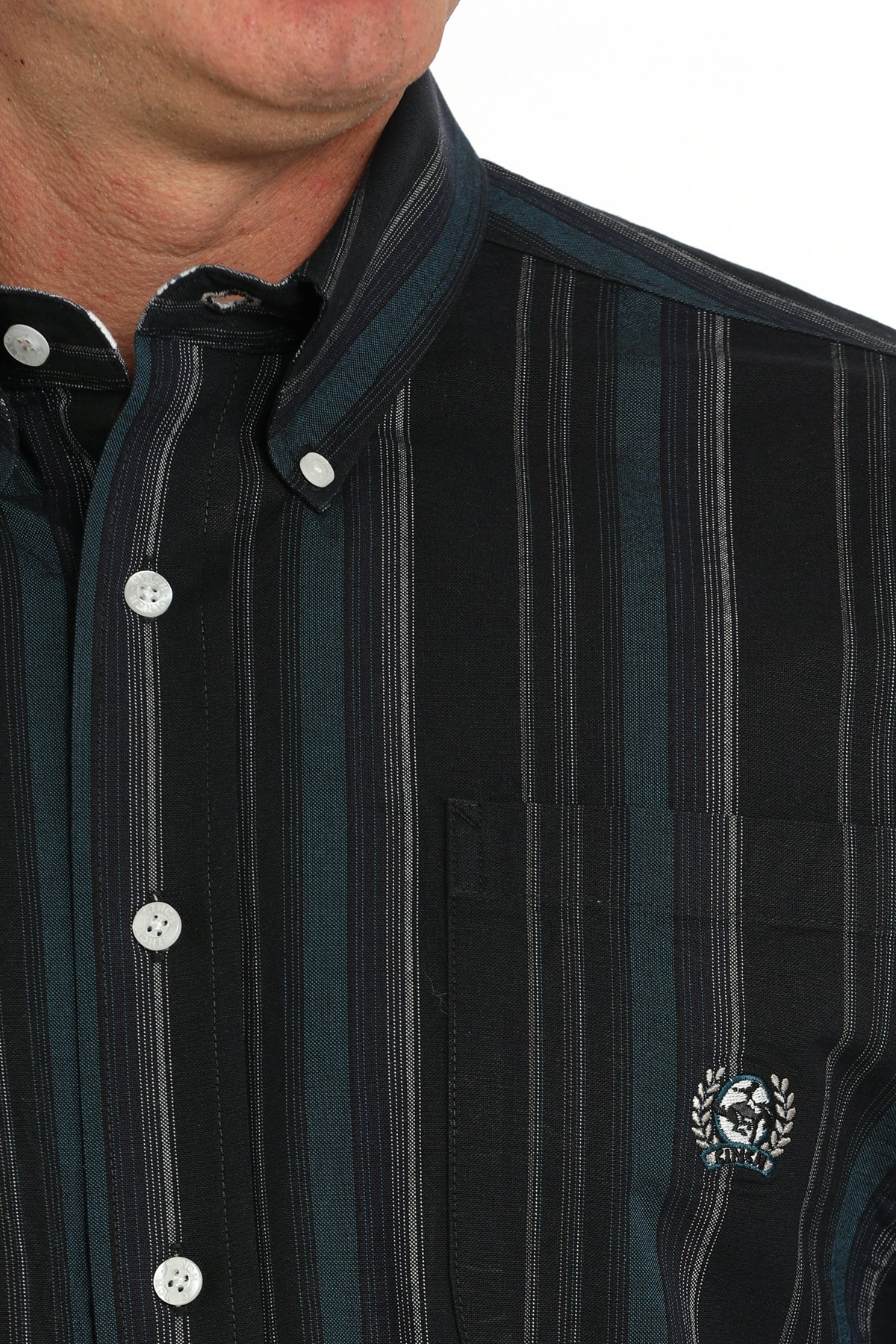 Cinch Men's Long Sleeve Oxford Black, Teal & White Stripe Shirt