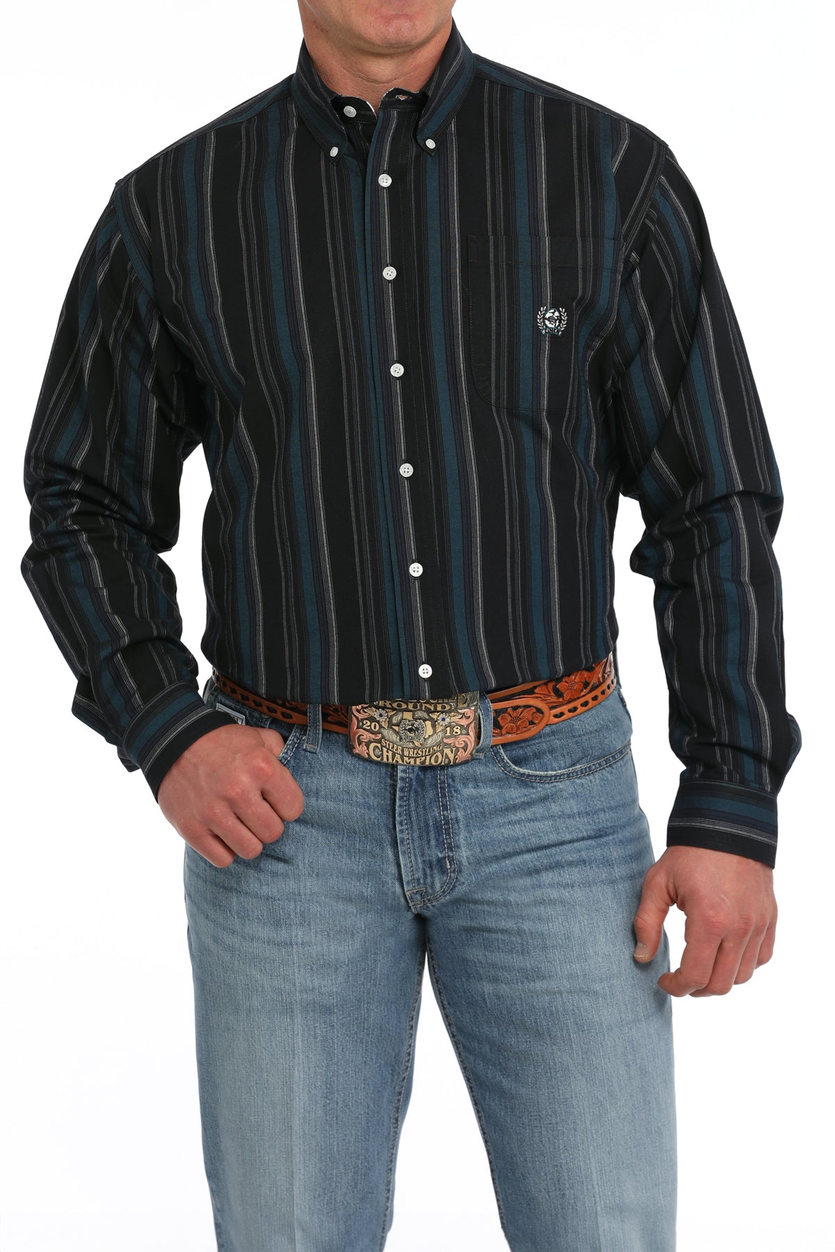 Cinch Men's Long Sleeve Oxford Black, Teal & White Stripe Shirt