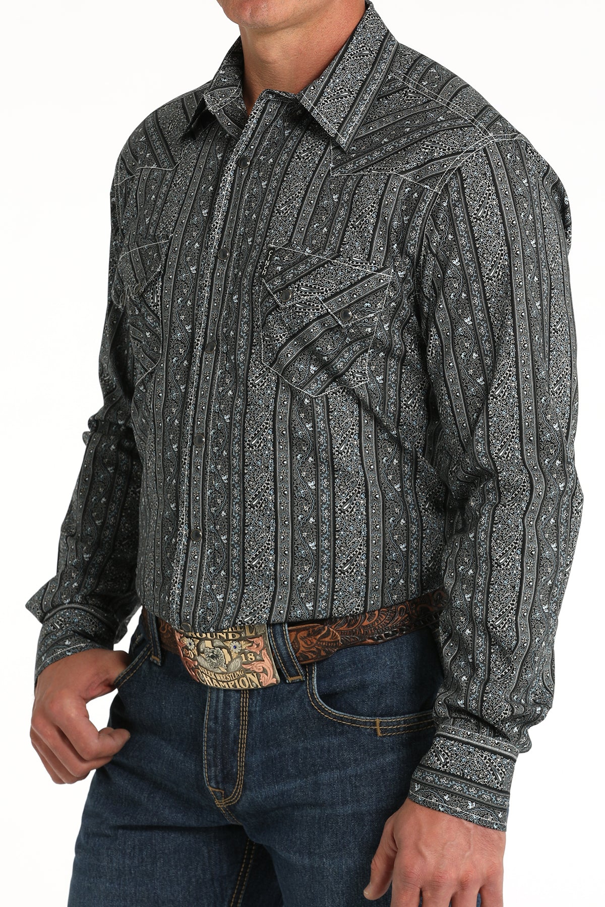 Cinch Men's Long Sleeve Shirt Modern Fit Print in Black, White & Blue