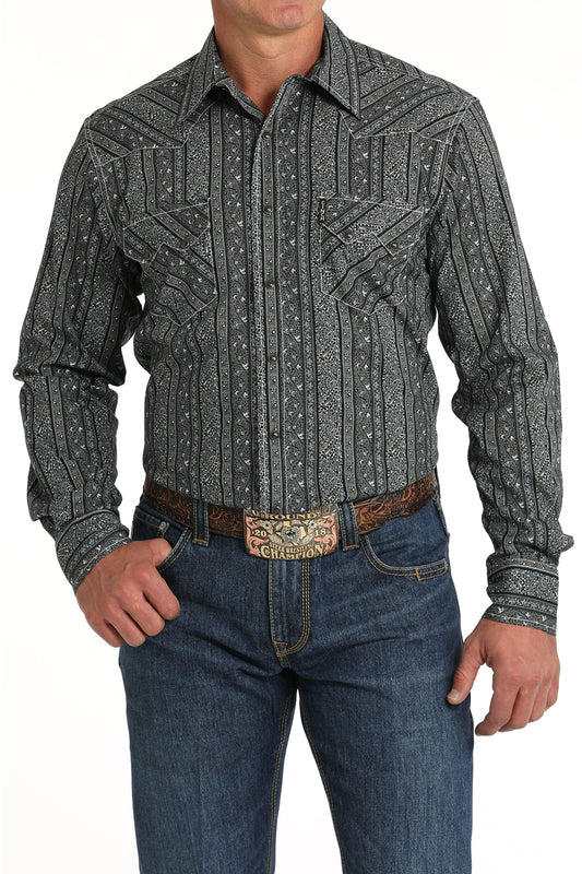 Cinch Men's Long Sleeve Shirt Modern Fit Print in Black, White & Blue