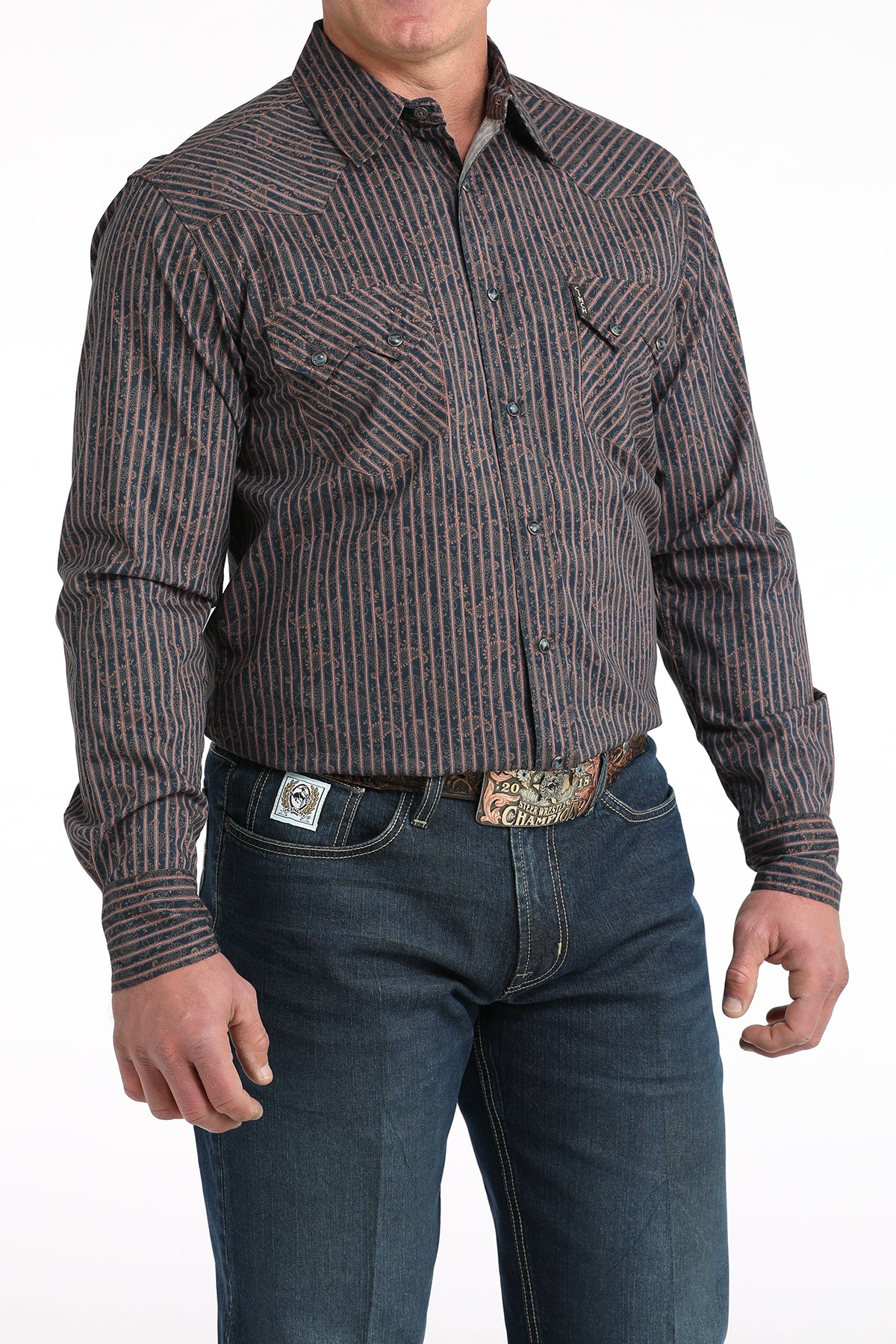 Cinch Men's Long Sleeve Modern Fit Navy Blue Stripe with Paisley Print Shirt