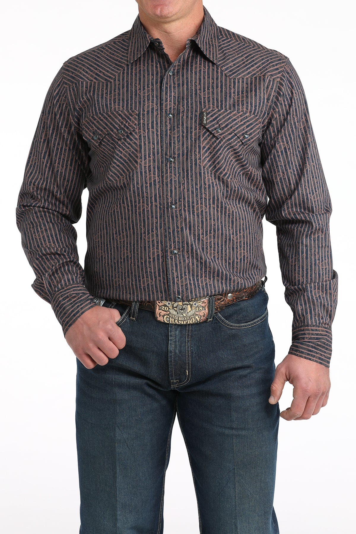 Cinch Men's Long Sleeve Modern Fit Navy Blue Stripe with Paisley Print Shirt
