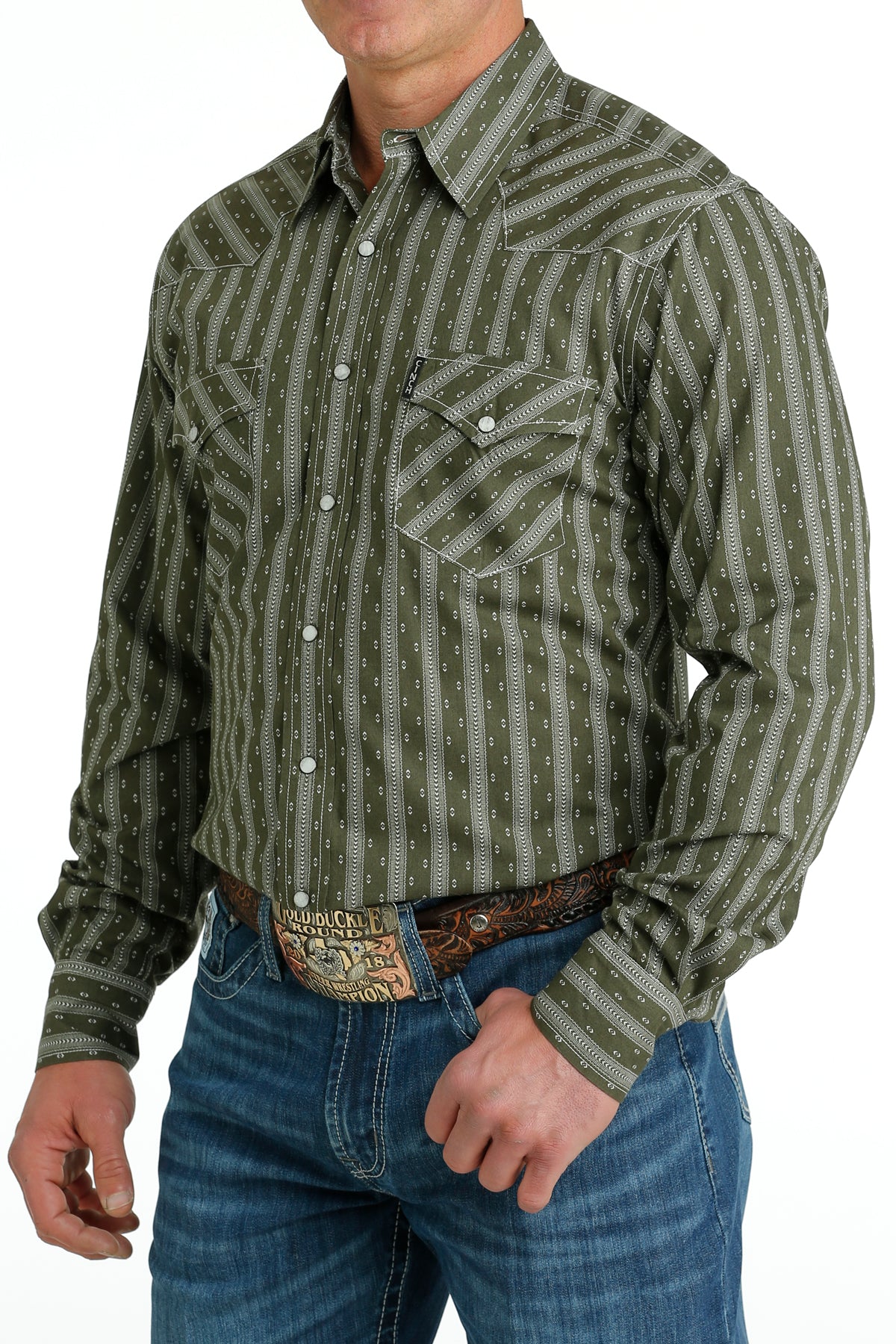 Cinch Men's Long Sleeve Shirt - Modern Fit Olive Stripe