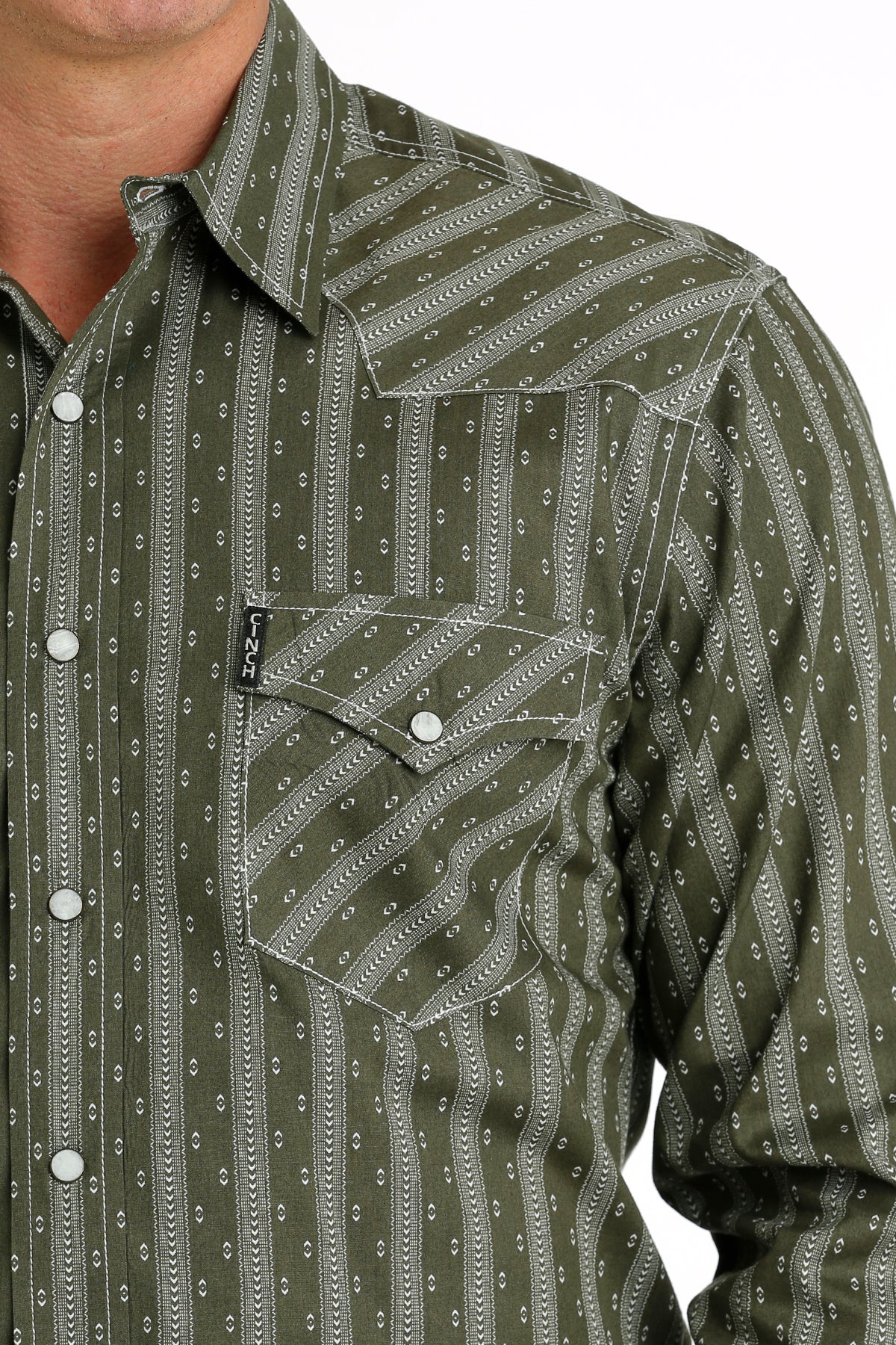 Cinch Men's Long Sleeve Shirt - Modern Fit Olive Stripe