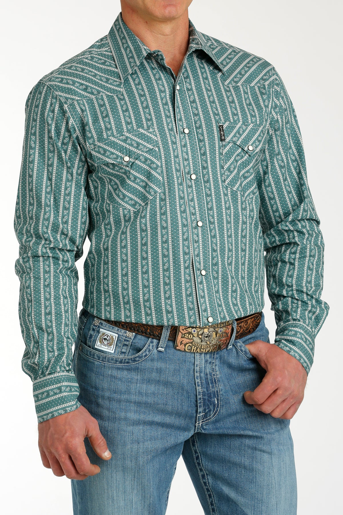 Cinch Men's Long Sleeve Modern Fit Shirt in Green Print