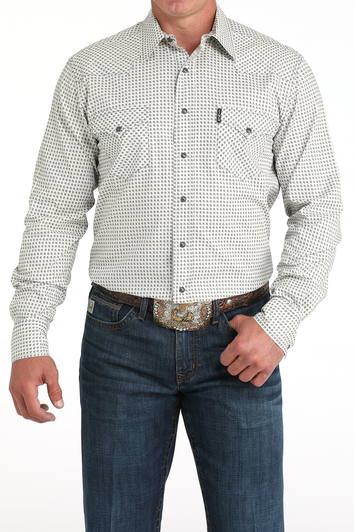 Cinch Men's Long Sleeve Modern Fit Snap Front Western Shirt - Cream & Gray Floral Print