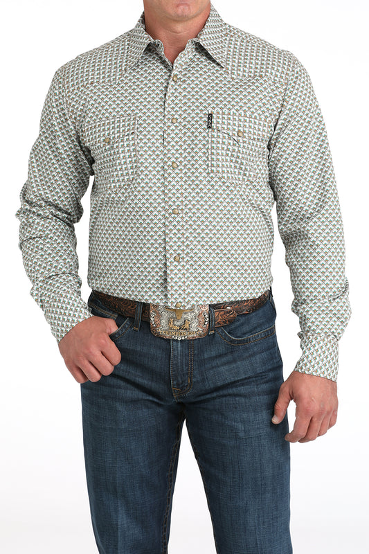 Cinch Men's Long Sleeve Modern Fit Geometric Print on White Shirt