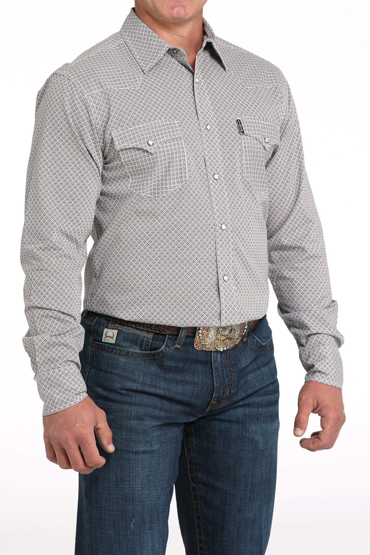 Cinch Men's Long Sleeve Modern Fit Gray Geometric Print Shirt