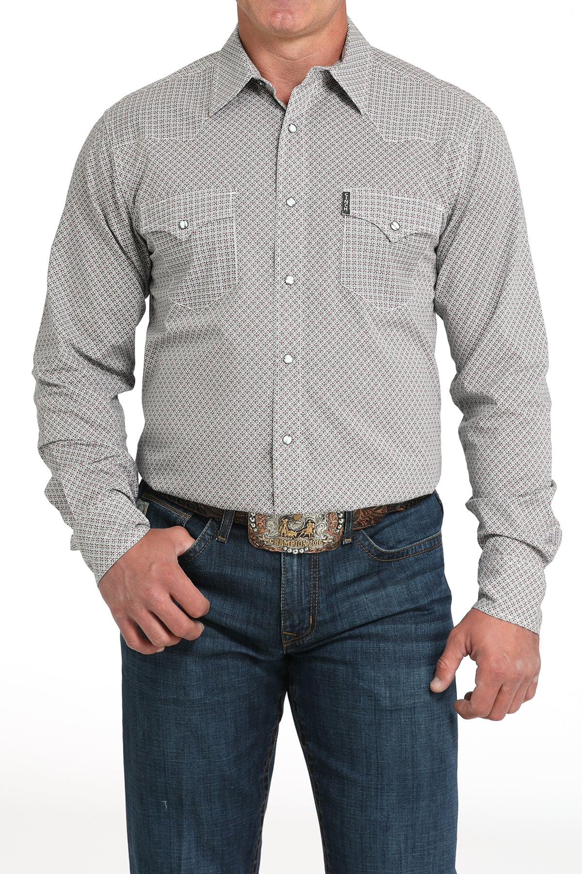 Cinch Men's Long Sleeve Modern Fit Gray Geometric Print Shirt