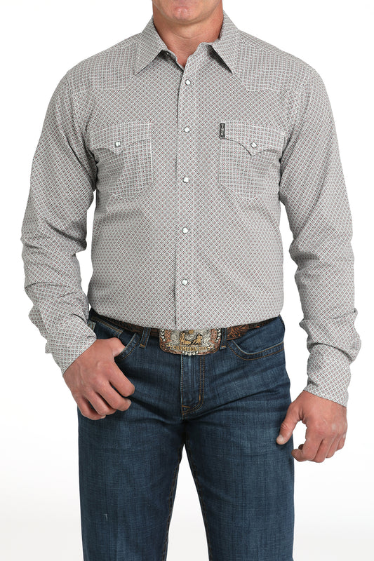 Cinch Men's Long Sleeve Modern Fit Gray Geometric Print Shirt