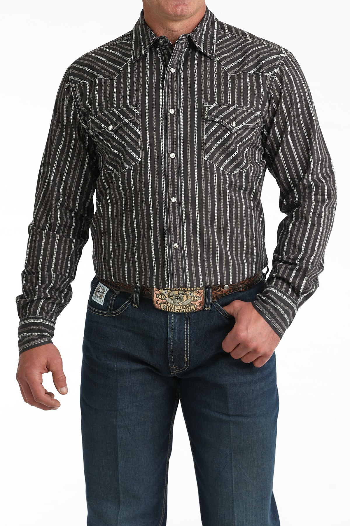 Cinch Men's Long Sleeve Modern Fit Brown Geometric Print Shirt