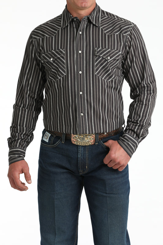Cinch Men's Long Sleeve Modern Fit Brown Geometric Print Shirt
