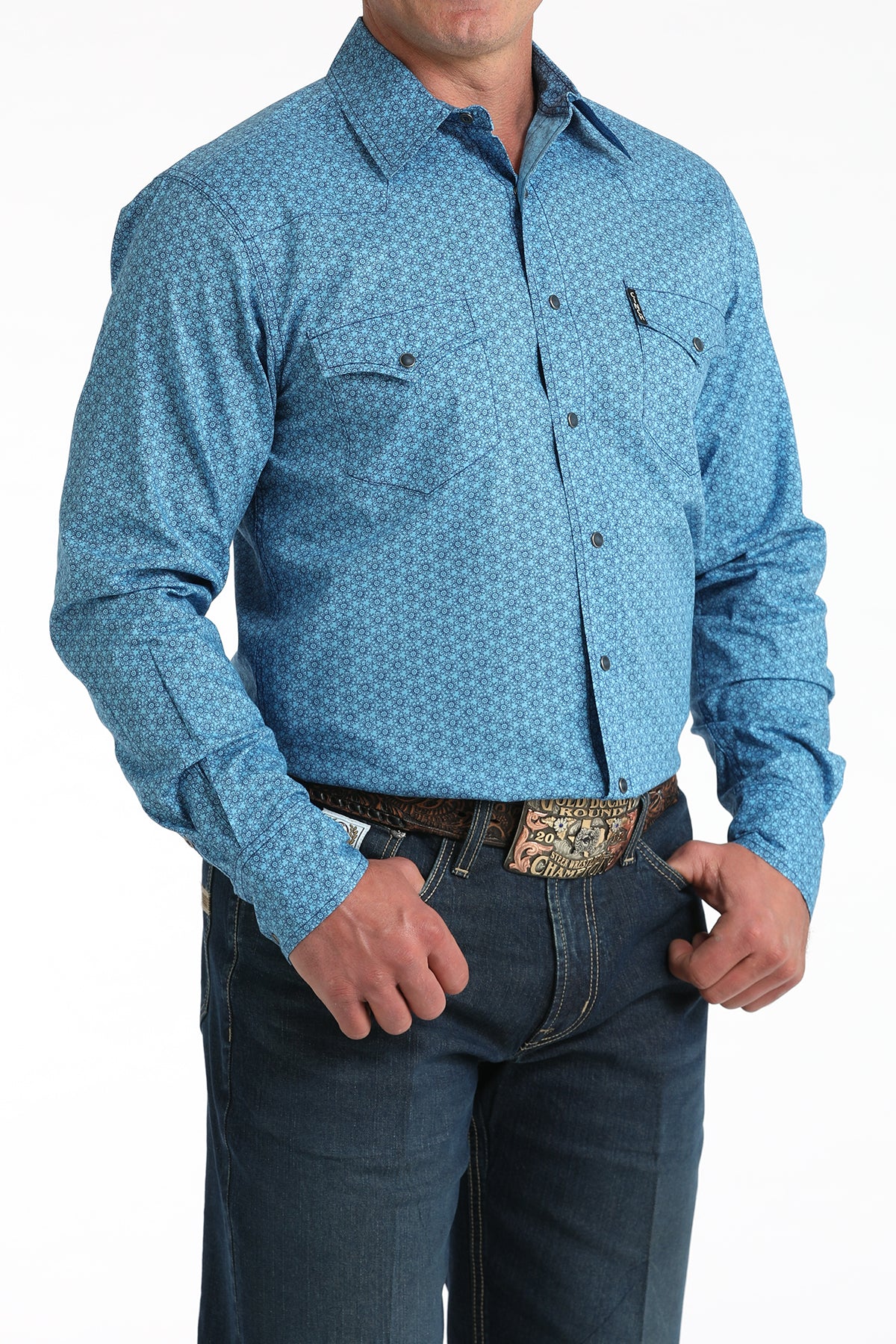 Cinch Men's Long Sleeve Modern Fit Blue Geometric Print Shirt