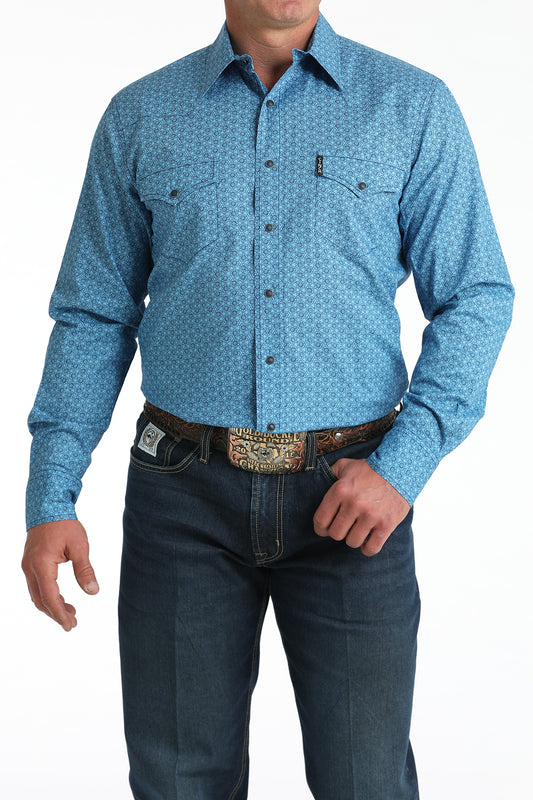 Cinch Men's Long Sleeve Modern Fit Blue Geometric Print Shirt