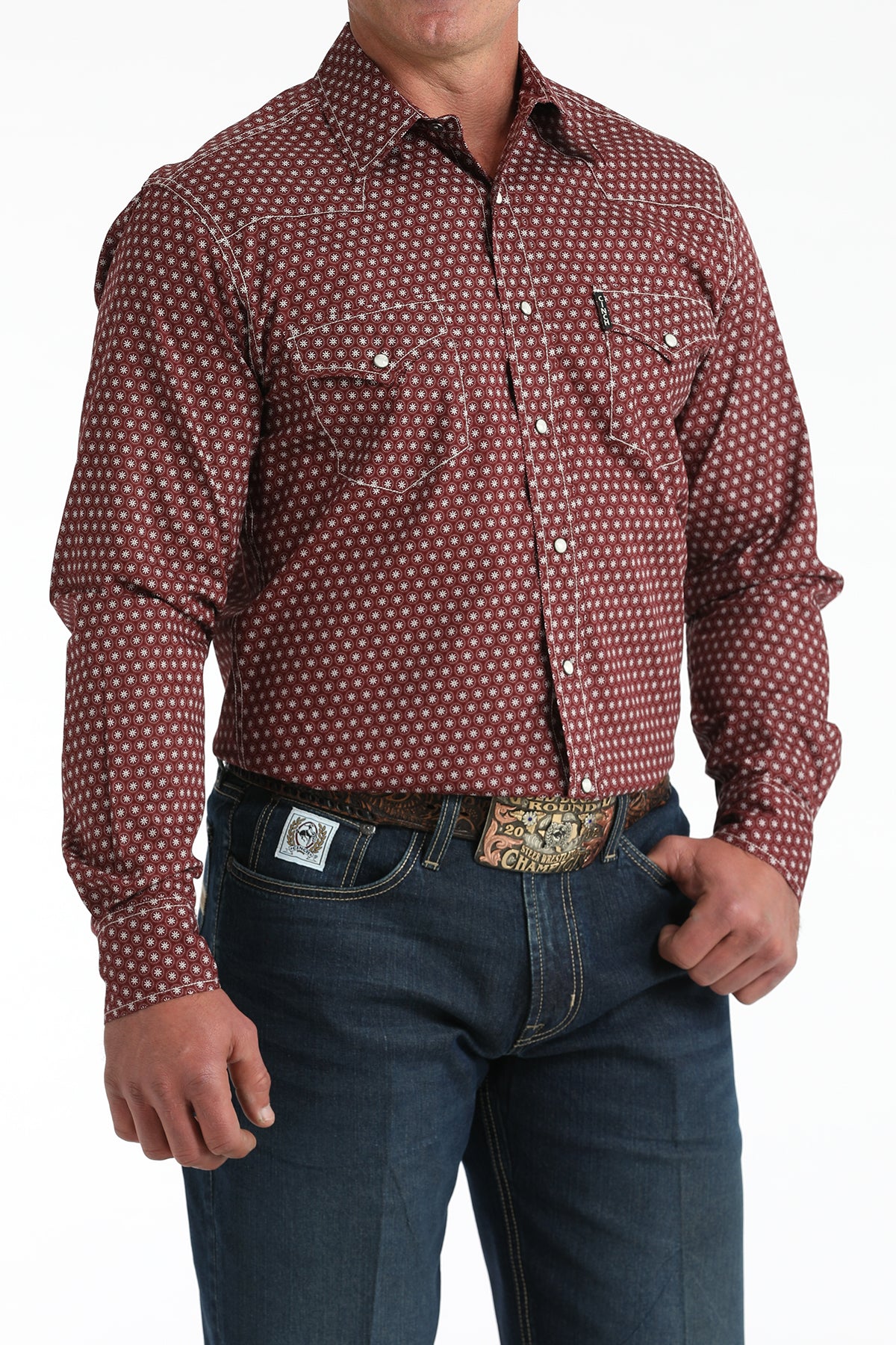 Cinch Men's Long Sleeve Modern Fit Burgundy Geometric Print Shirt