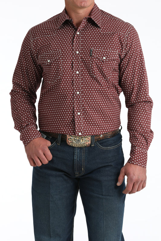 Cinch Men's Long Sleeve Modern Fit Burgundy Geometric Print Shirt