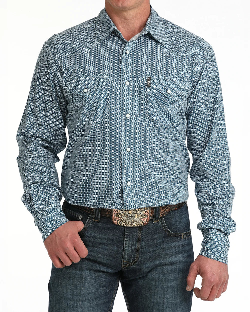 Cinch Men's Long Sleeve Modern Fit Snap Front Blue Geometric Print Western Shirt