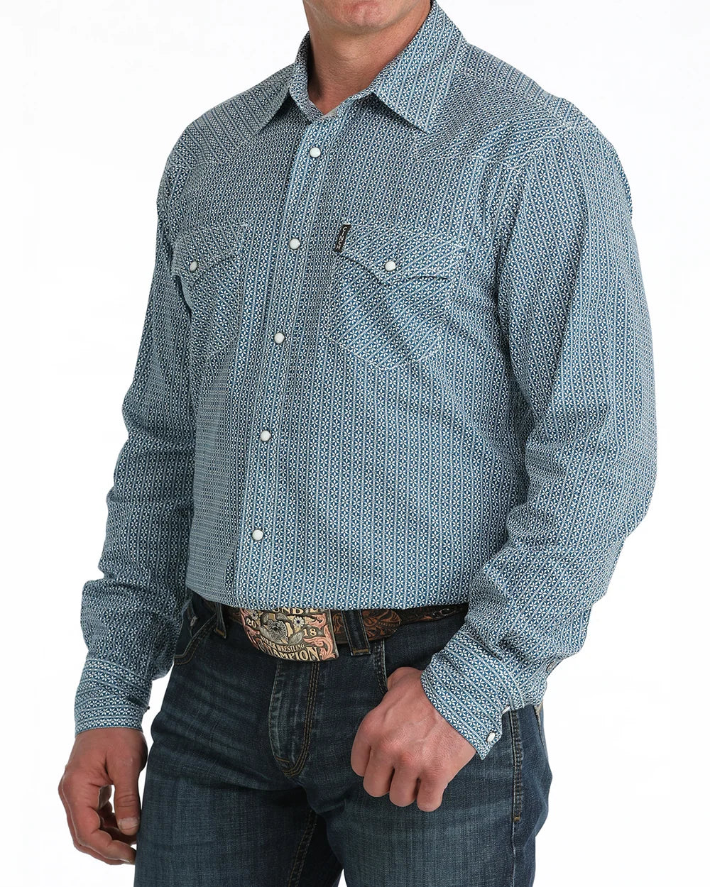Cinch Men's Long Sleeve Modern Fit Snap Front Blue Geometric Print Western Shirt